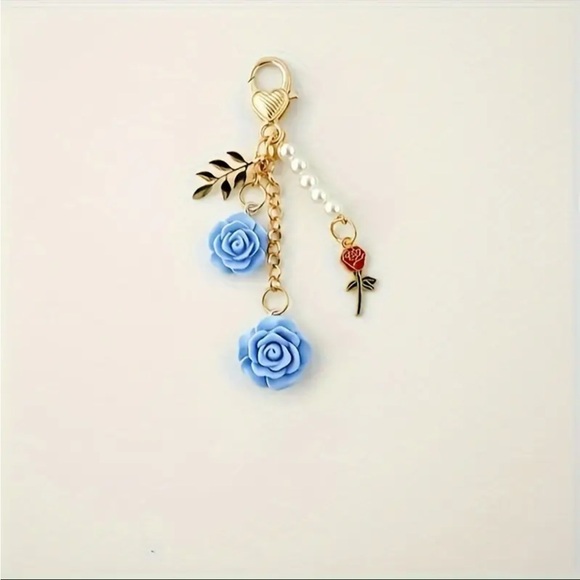 New Blue Camellia, Faux Pearl, & Red Rose Resin Keychain/Bag Charm - Picture 3 of 3